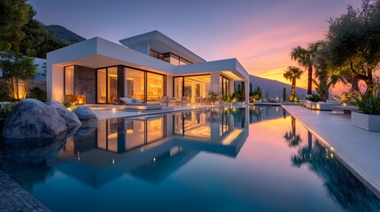 Fototapeta premium Elegant, wide-angle shot of a luxurious modern villa with floor-to-ceiling glass walls beside a tranquil reflection pool as the sun sets.