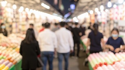 Blurred bustling market scene with masked shoppers and vibrant f