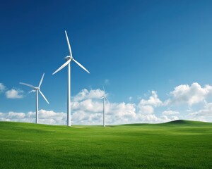 Fototapeta premium Wind Turbines in Nature: Striking image of wind turbines set against the backdrop of a bright blue sky, symbolizing sustainable development and clean energy