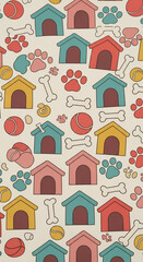 Fototapeta premium Repeating pattern of dog houses, bones, paw prints, and balls on a beige background, symbolizing pet care, playfulness, and companionship