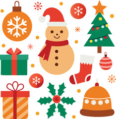 Fototapeta premium Vector art of collection of festive christmas icons including a snowman, decorated christmas tree, gift boxes, ornaments, candy canes, and snowflakes, all isolated on a