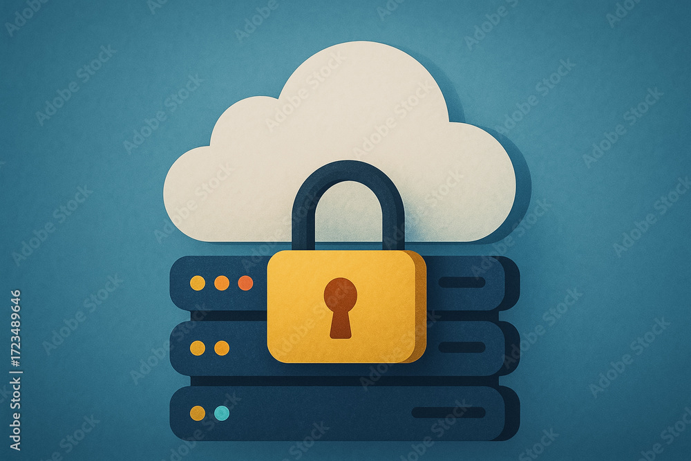 Poster illustrative conceptualization depicting secure cloud data storage, represented by a padlock securin