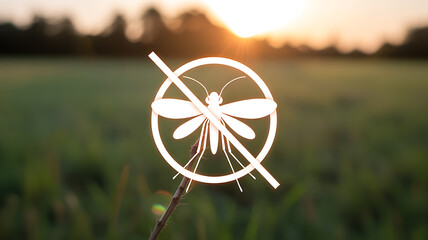 No mosquito symbol on a stick in a field at sunset