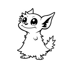 Whimsical creature illustration featuring fluffy fur, charming smile, and playful pose in black