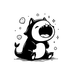 Whimsical creature roars happily with open mouth surrounded by stars and stones illustration in