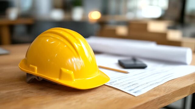 Construction Plans and Budget Documents Scattered on Wooden Desk with Grainy Texture and Pencil Marks Yellow Hard Hat Symbolizing Precision Blurred Office Background Highlighting