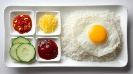 Fried Egg on Rice with Condiments and Fresh Vegetables Presentation