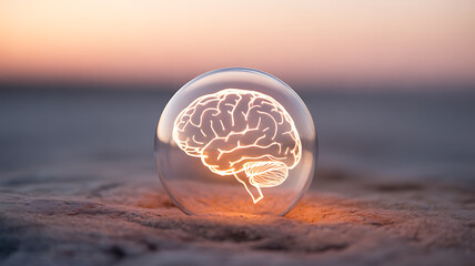 Glowing brain illustration inside a transparent sphere on sandy beach at sunset