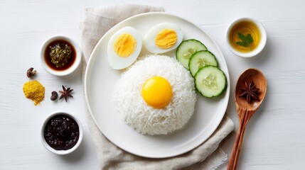 Rice Bowl with Eggs, Cucumbers, Spices and Sauces on White Table