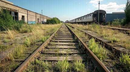 Obraz premium Overgrown Train Tracks Rusty Rails Weedy Landscape