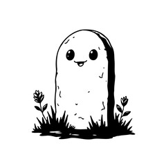 Whimsical graveyard drawing features cute tombstone with endearing facial expression surrounded by