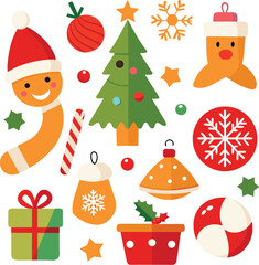 Fototapeta premium Vector art of a vibrant assortment of christmas and holiday symbols, featuring a gingerbread man, christmas tree, gift, holly, candy cane, snowflake, and baubles, presented on a clean