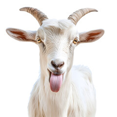 Fototapeta premium Playful Funny Goat Sticking Out Tongue Isolated on White Background