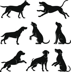 Vector art of silhouette of dogs in various poses collection of different dog breeds in black color set of vector illustrations of dogs standing, sitting, jumping, and barking