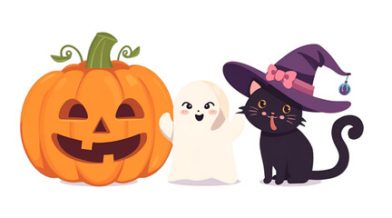 Cute Halloween pumpkin ghost and black cat illustration
