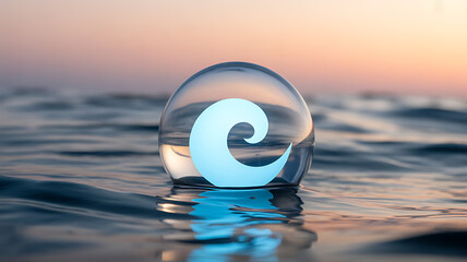 Transparent sphere with wave symbol floating on water at sunset