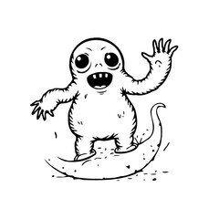 Whimsical illustration of a friendly monster waving while surfing on a stylized crescent moon
