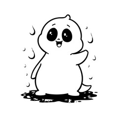 Whimsical ink character playfully waving in a bubbly puddle illustration delightful and cheerful art