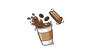 
Dynamic vector illustration of a to-go coffee cup with a coffee splash and beans, with the lid flying off. A lively, hand-drawn graphic ideal for cafe branding and menus.