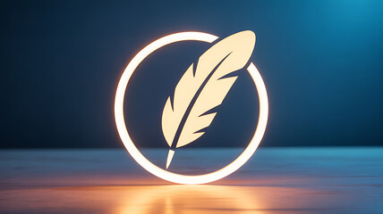 Illuminated feather icon within a glowing circular frame on a reflective surface