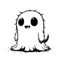 Whimsical monochrome drawing featuring a friendly ghost character with playful expression for a