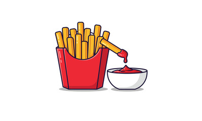 
Cartoon vector illustration of a red box of French fries with one fry dipping into a bowl of ketchup. This fun, isolated graphic is perfect for fast food menus and apps.