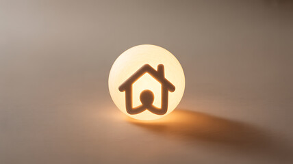 Illuminated circular object with house icon symbol glowing softly against neutral background