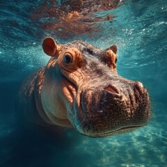 Fototapeta premium Underwater Hippopotamus Portrait - A Glimpse into Aquatic Wildlife.