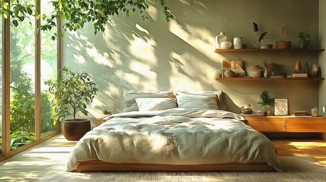 Create a minimalist bedroom with open shelving soft gray tones and a single statement plant embodying quiet sophistication interior