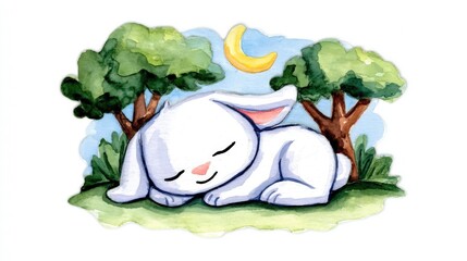 Cute watercolor white bunny sleeping on grassy ground green trees blue sky yellow moon
