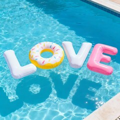 Floating 'LOVE' Pool Floats with Donut in a Sunny Pool, inflatable toys, Pastel Colors