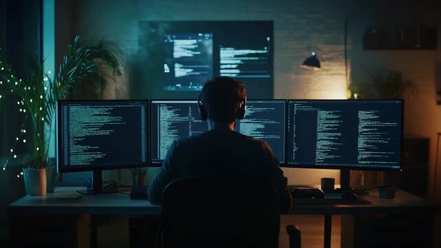 Programmer Working Late with Multiple Monitors