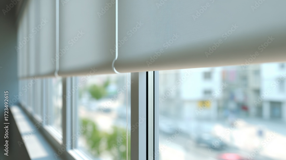 Poster focused medium shot of minimalist roller shades pulled down highlighting smooth material and clean l
