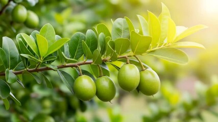 Close-up of a branch with green leaves and unripe green fruits, bathed in warm sunlight. - Powered by Adobe