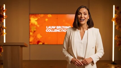 General People & Lifestyle Woman Presents Autumn-Themed Display in Conference Room