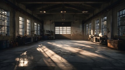 Fototapeta premium Empty, spacious auto repair garage with large windows letting in soft afternoon light, casting long shadows across the clean concrete floor.