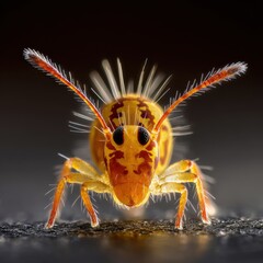Close-up of a Yellow Springtail Insect with Spikes and Antennae.
