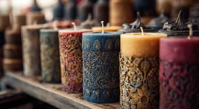 Colorful, intricately carved candles on wooden shelves