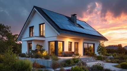 Modern house with solar panels at sunset in a serene landscape