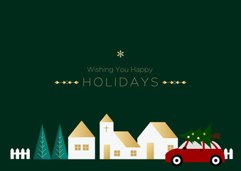 クリスマス 冬のホリデーカード、家並と赤い車の背景｜イラスト ベクター © pomme