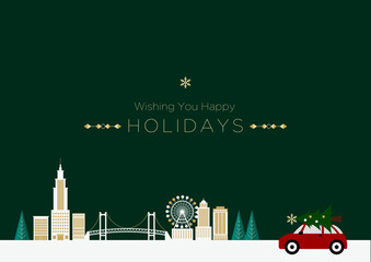 Obraz premium クリスマス、冬のホリデーカード、都市、夜景と橋、観覧車、赤い車とツリー コピースペース｜イラスト ベクター