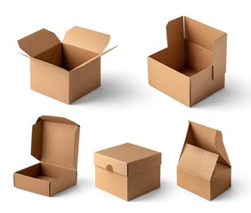 Six open cardboard boxes, various styles, on a white background
