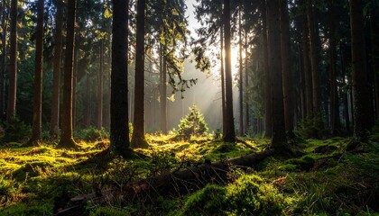 Obraz premium Sunlight beams through forest