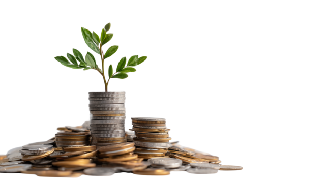 Plant growing on stack of coins isolated on transparent background