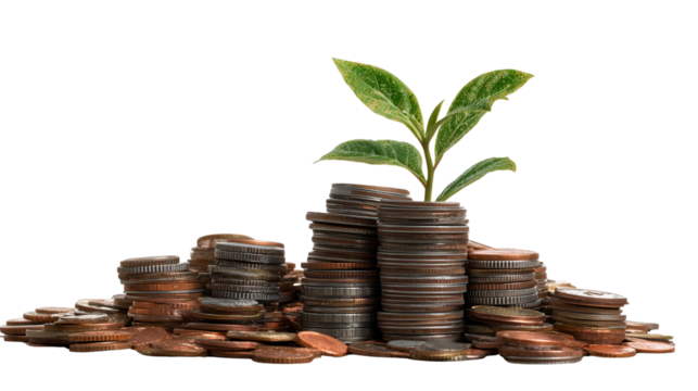 Stack of coins with sprout isolated on transparent background