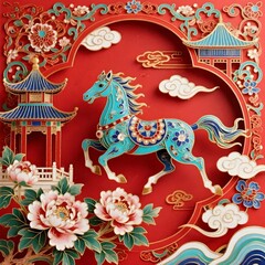 Fototapeta premium 縁起の良い赤い背景に馬と中国風の装飾