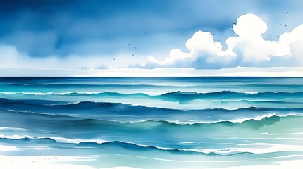 Fototapeta premium Blue ocean with clouds in the sky illustration watercolor
