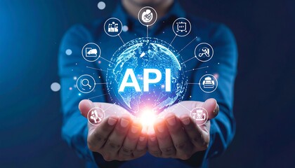 A person holds a glowing globe with API text, surrounded by digital icons, symbolizing global digital technology and connection