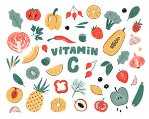 Assortment of fruits and vegetables spelling Vitamin C