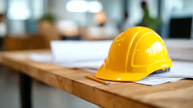Construction Plans and Budget Documents Scattered on Wooden Desk with Grainy Texture and Pencil Marks Yellow Hard Hat Symbolizing Precision Blurred Office Background Highlighting